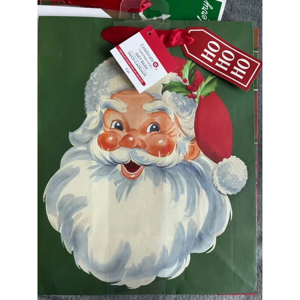 Set of 10 Christmas Gift Bags Santa Plaid Holiday Bags 9.5”
